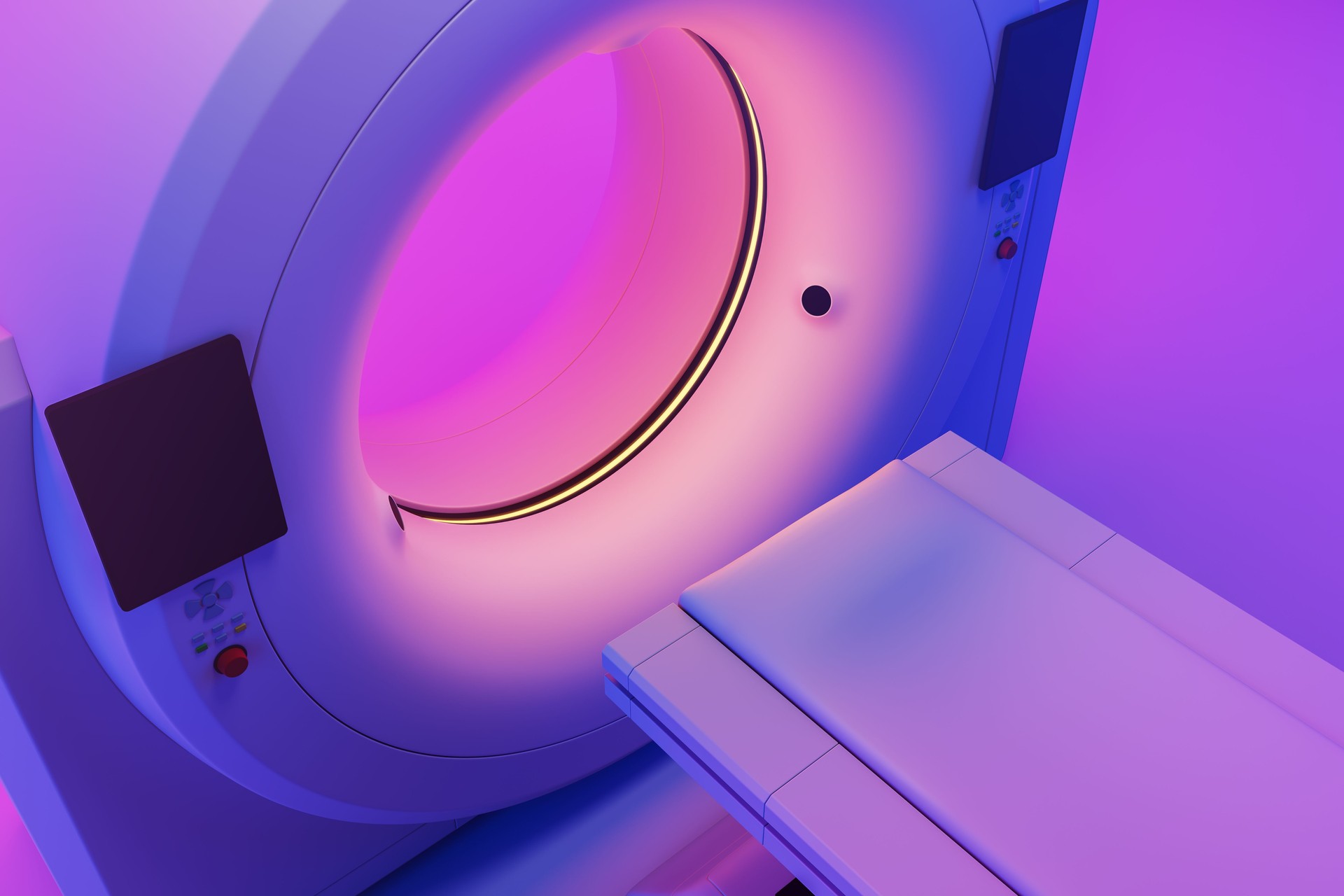 MRI scanner machine with glowing purple and pink lighting in a clean medical room, showcasing modern healthcare technology. 3D Rendering. 3D Rendering MRI scanner machine with glowing purple and pink lighting in a clean medical room, showcasing modern healthcare technology. 3D Rendering. 3D Rendering